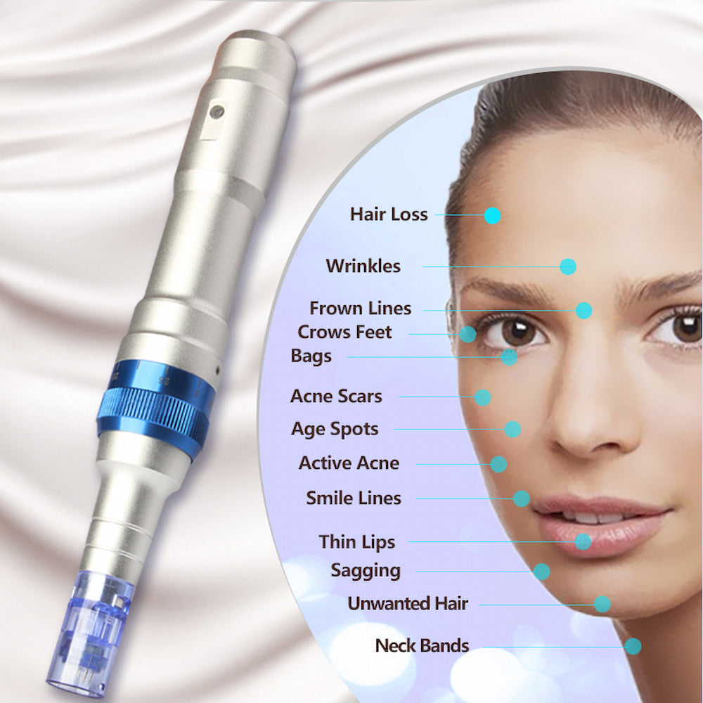 Stylo de microneedling Dr. Pen A6 montré à côté d'une illustration des zones de traitement du visage telles que les rides, les cicatrices d'acné, les taches de vieillesse et la perte de cheveux.