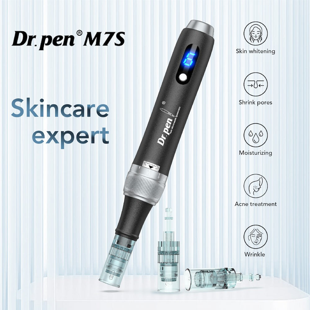 Dr. Pen M7S microneedling-stylo avec affichage LED et cartouches d'aiguille interchangeables, conçu pour un traitement professionnel de la peau comme la réduction des pores, l'hydratation et l'amélioration de la texture de la peau.