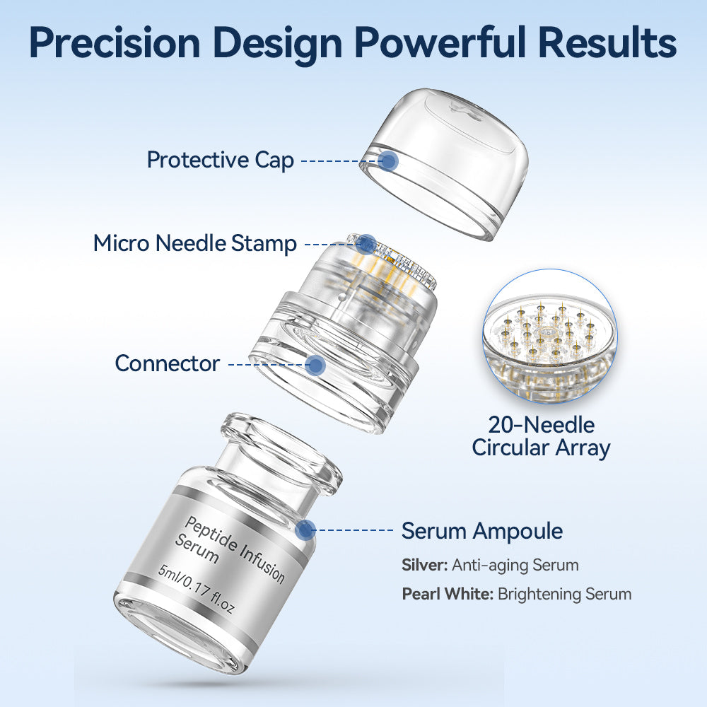 Dr. Pen MIS20 micro-infusion avec microneedle-stamp à 20 aiguilles, capuchon de protection, raccord et ampoule de sérum.