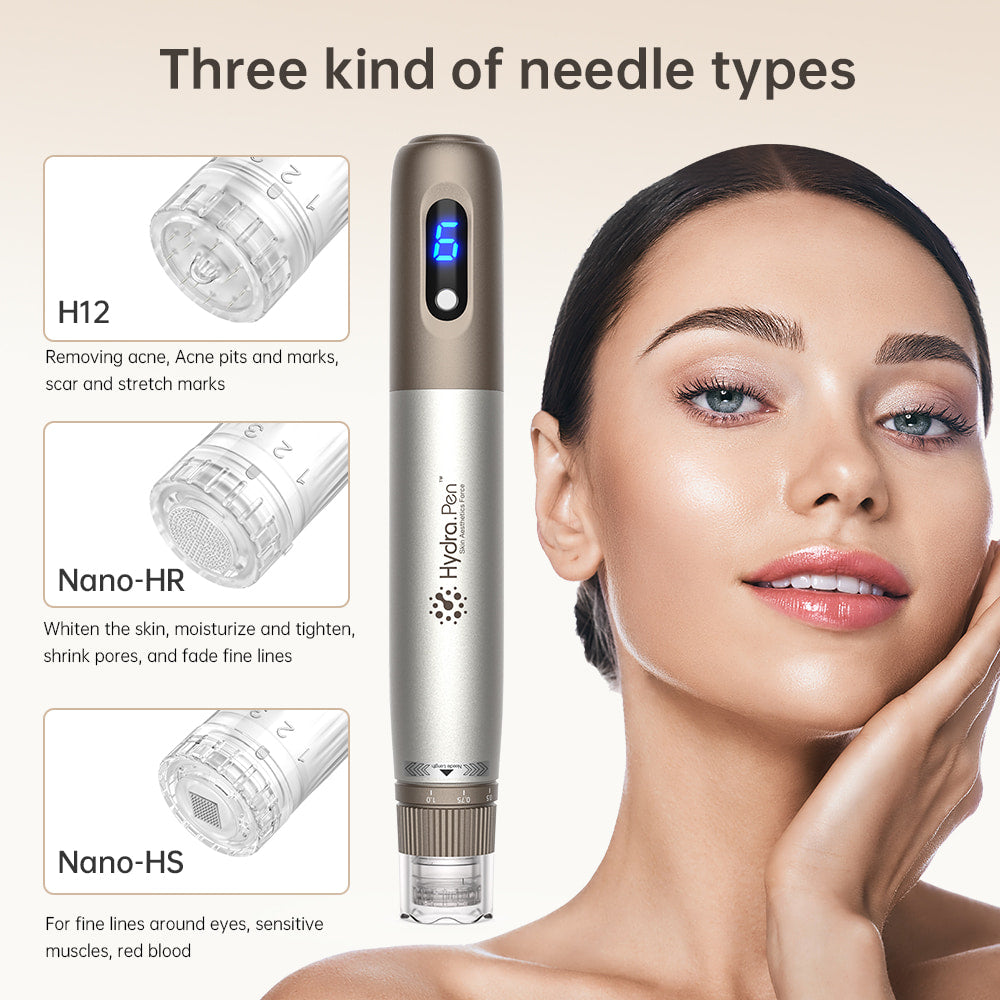 HydraPen H3 avec trois types d'aiguilles différents – H12 pour les cicatrices et l'acné, Nano-HR pour le renouvellement de la peau et la réduction des pores, et Nano-HS pour les zones sensibles autour des yeux.
