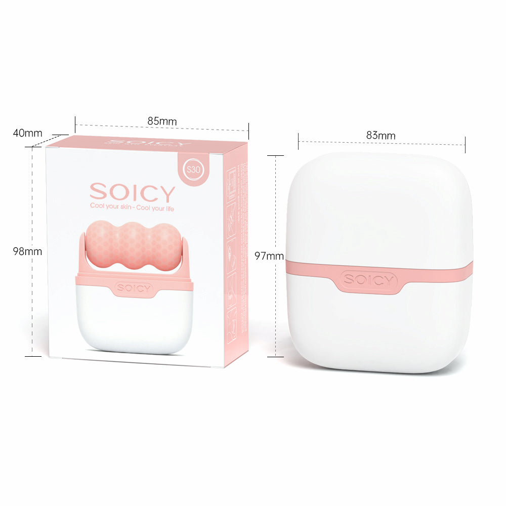 Ice Roller Soicy S30 avec boîte produit et dimensions – rouleau facial rose et blanc dans un étui de rangement compact.
