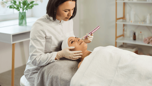 Professionell microneedlingbehandling på klinik där hudterapeut behandlar ansiktet med microneedling-penna för att stimulera kollagenproduktion och förbättra hudens struktur på ett kontrollerat sätt.