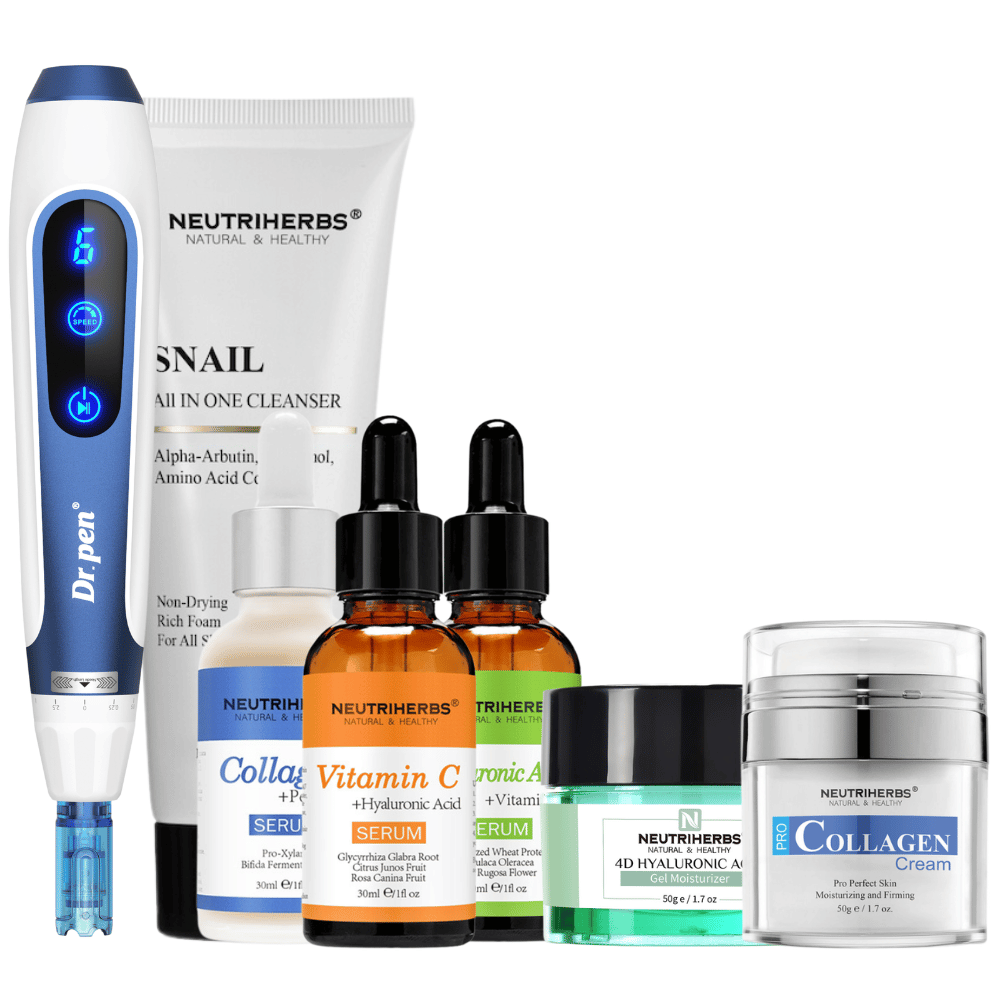 Complete Skin Renewal Kit avec Dr. Pen A11, Neutriherbs Snail Cleanser, trois sérums, 4D Hyaluronic Acid Gel Moisturizer et Pro Collagen Cream.