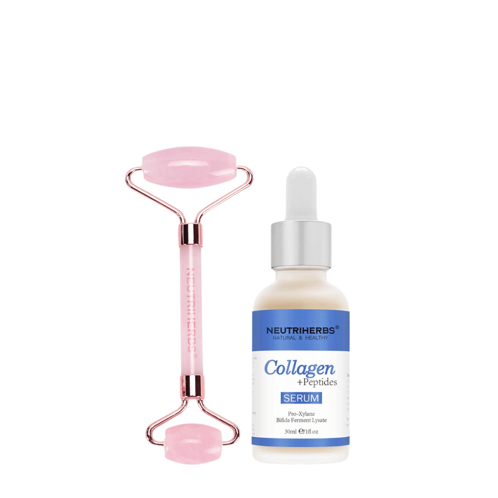 Face Massage Roller Firming Kit avec rouleau en quartz rose et Collagen + Peptides Serum