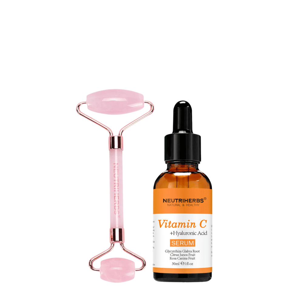 Face Massage Roller Glow Kit avec rouleau en quartz rose et Vitamin C Serum