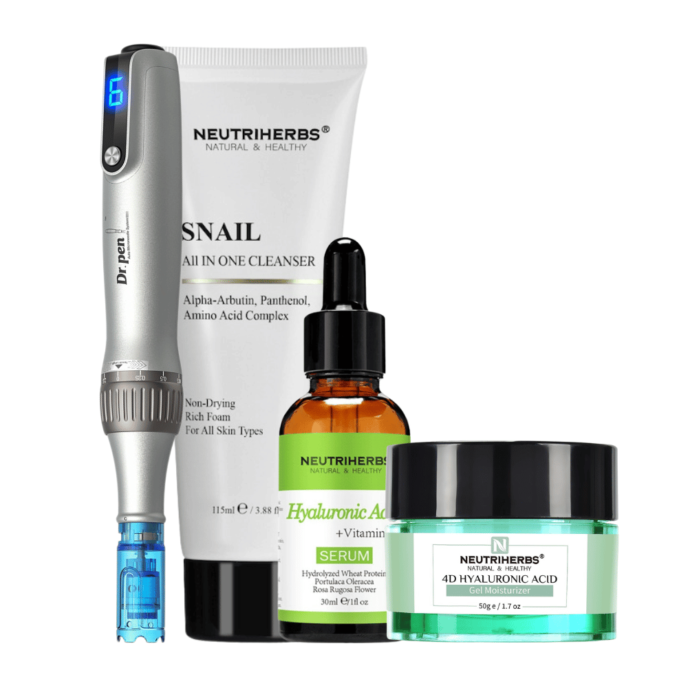 Microneedling Starter Kit avec Dr. Pen M8S, Neutriherbs Snail Cleanser, Hyaluronic Acid Serum et 4D Hyaluronic Acid Gel Moisturizer.
