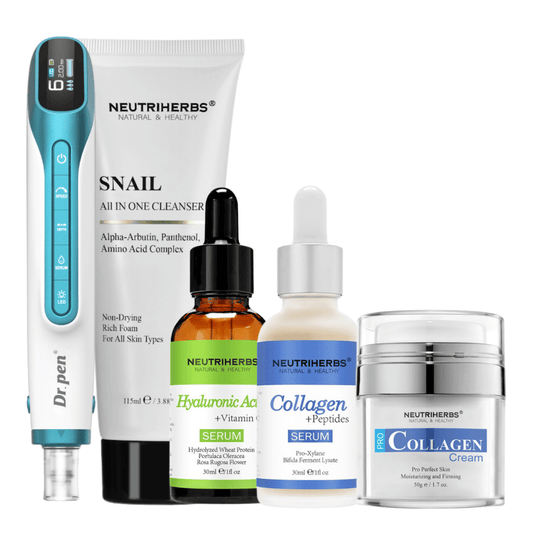 Premium Anti-Aging Kit avec Dr. Pen H6, nettoyant, sérum à l’acide hyaluronique, sérum au collagène et crème au collagène.