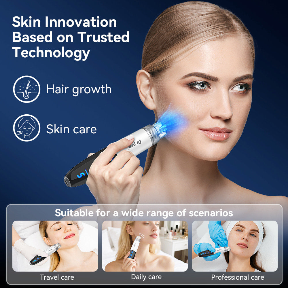 Femme utilisant Bio Pen Q1S microneedling avec lumière LED bleue pour soins de la peau et stimulation des cheveux, avec exemples d'utilisation en voyage, soins quotidiens et traitement professionnel.