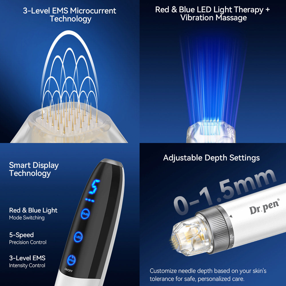 Bio Pen Q1S microneedling avec micro-courant EMS à 3 niveaux, lumière LED rouge et bleue, affichage intelligent et profondeur d'aiguille ajustable de 0 à 1,5 mm pour un traitement avancé de la peau.