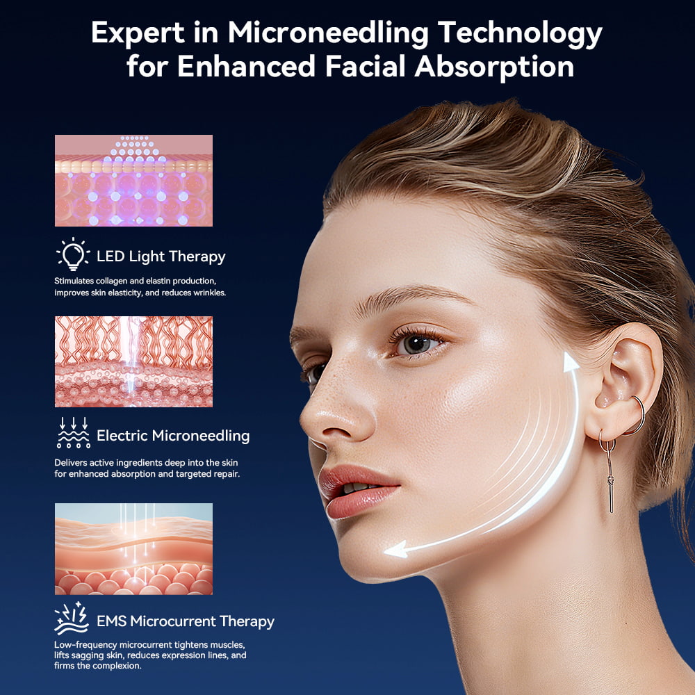 Bio Pen Q1S démontre microneedling, thérapie par lumière LED et micro-courant EMS sur la peau du visage pour une absorption améliorée et un rajeunissement de la peau.