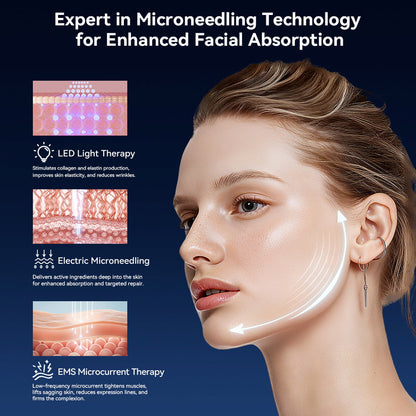 Bio Pen Q1S démontre microneedling, thérapie par lumière LED et micro-courant EMS sur la peau du visage pour une absorption améliorée et un rajeunissement de la peau.