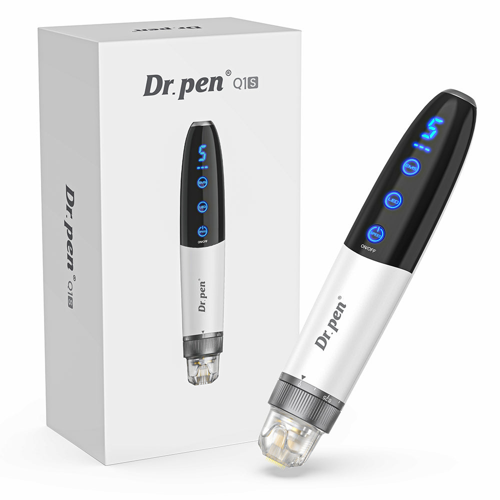 Bio Pen Q1S microneedling-stylo avec fonctions LED et EMS, présenté avec emballage produit pour un traitement professionnel de la peau.