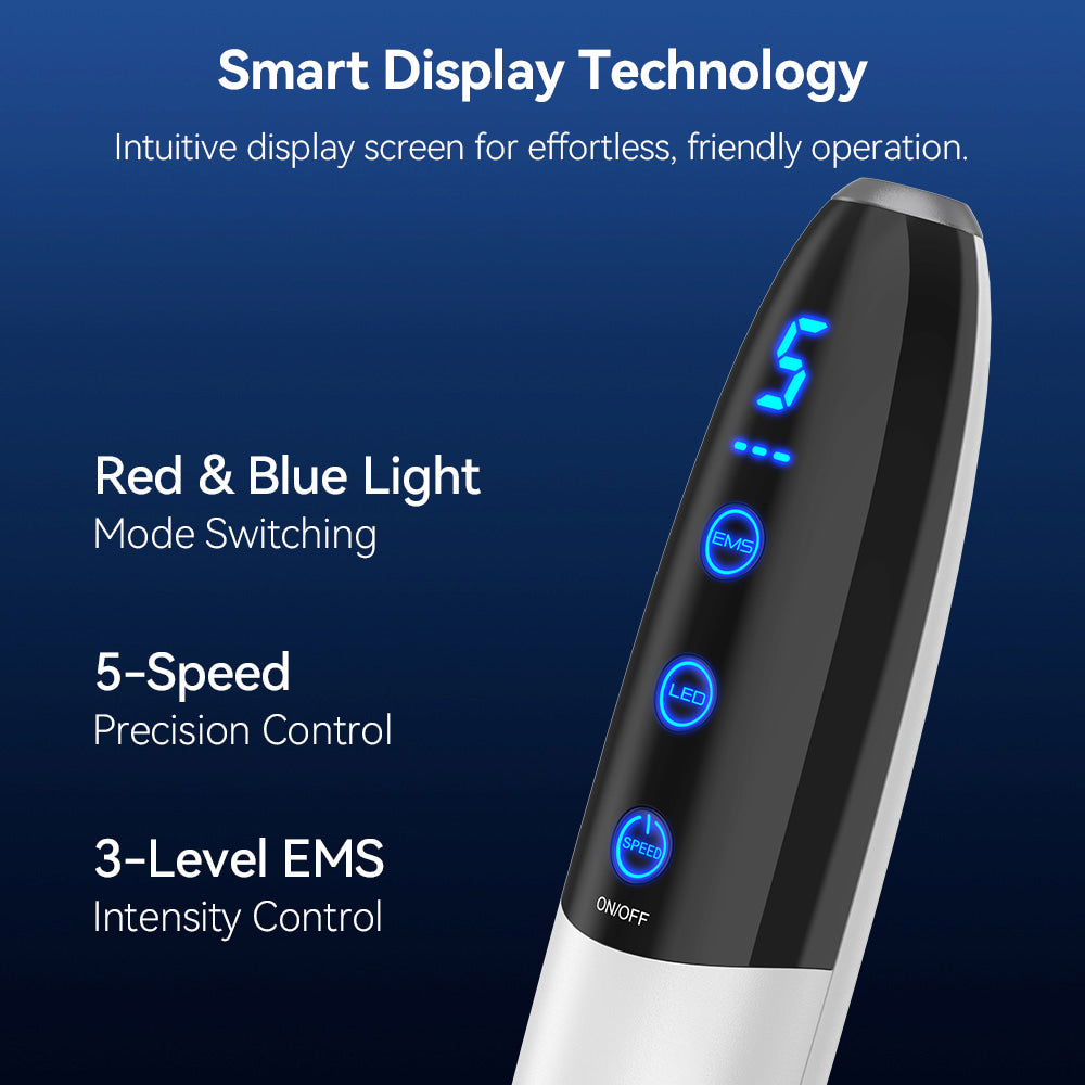 Bio Pen Q1S avec technologie d'affichage intelligent montrant les modes de lumière rouge et bleue, 5 vitesses et intensité EMS ajustable pour un traitement avancé de microneedling.