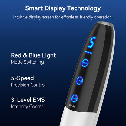 Bio Pen Q1S avec technologie d'affichage intelligent montrant les modes de lumière rouge et bleue, 5 vitesses et intensité EMS ajustable pour un traitement avancé de microneedling.