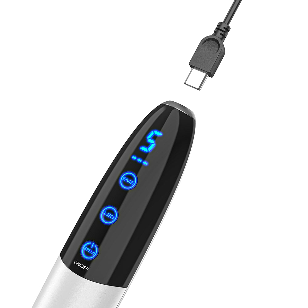Bio Pen Q1S microneedling-stylo avec chargement USB-C et fonctions LED et EMS éclairées pour un traitement avancé de la peau.