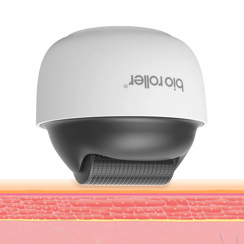 Bio Roller G4 microneedling-roller montrant comment les micro-aiguilles pénètrent la surface de la peau pour stimuler le collagène et améliorer la texture de la peau.