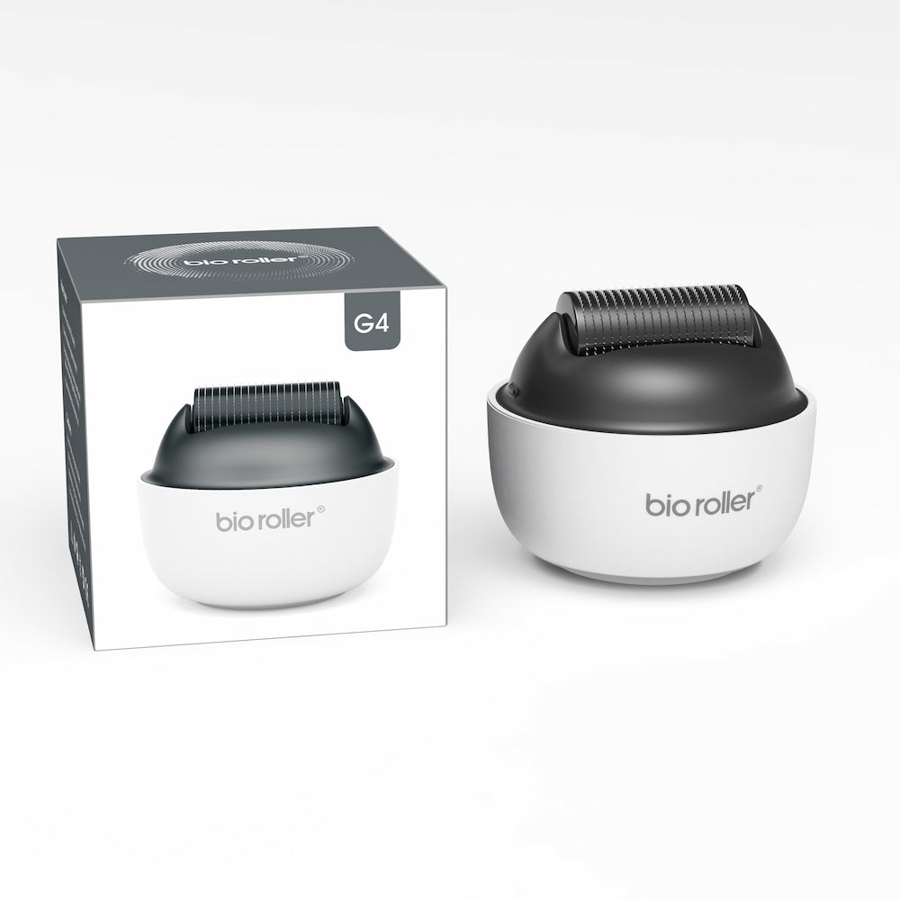 Bio Roller G4 microneedling-roller avec l'emballage du produit, conçu pour les soins du visage, le rajeunissement de la peau et une meilleure absorption des sérums.