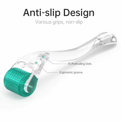 Dermaroller DRS 192 avec design antidérapant, manche ergonomique et 15 points de prise pour un traitement de microneedling stable et sûr.