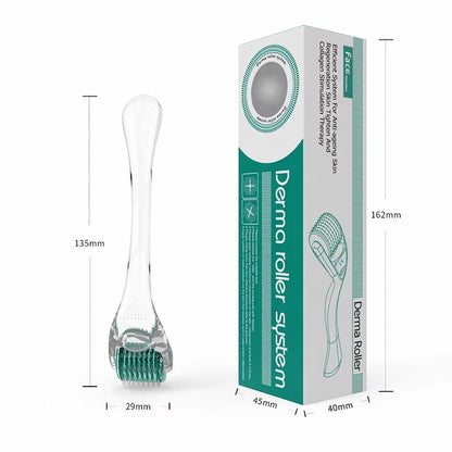 Dermaroller DRS 192 avec mesures claires et emballage d'origine, montre la longueur, la largeur et la taille de l'outil de microneedling.
