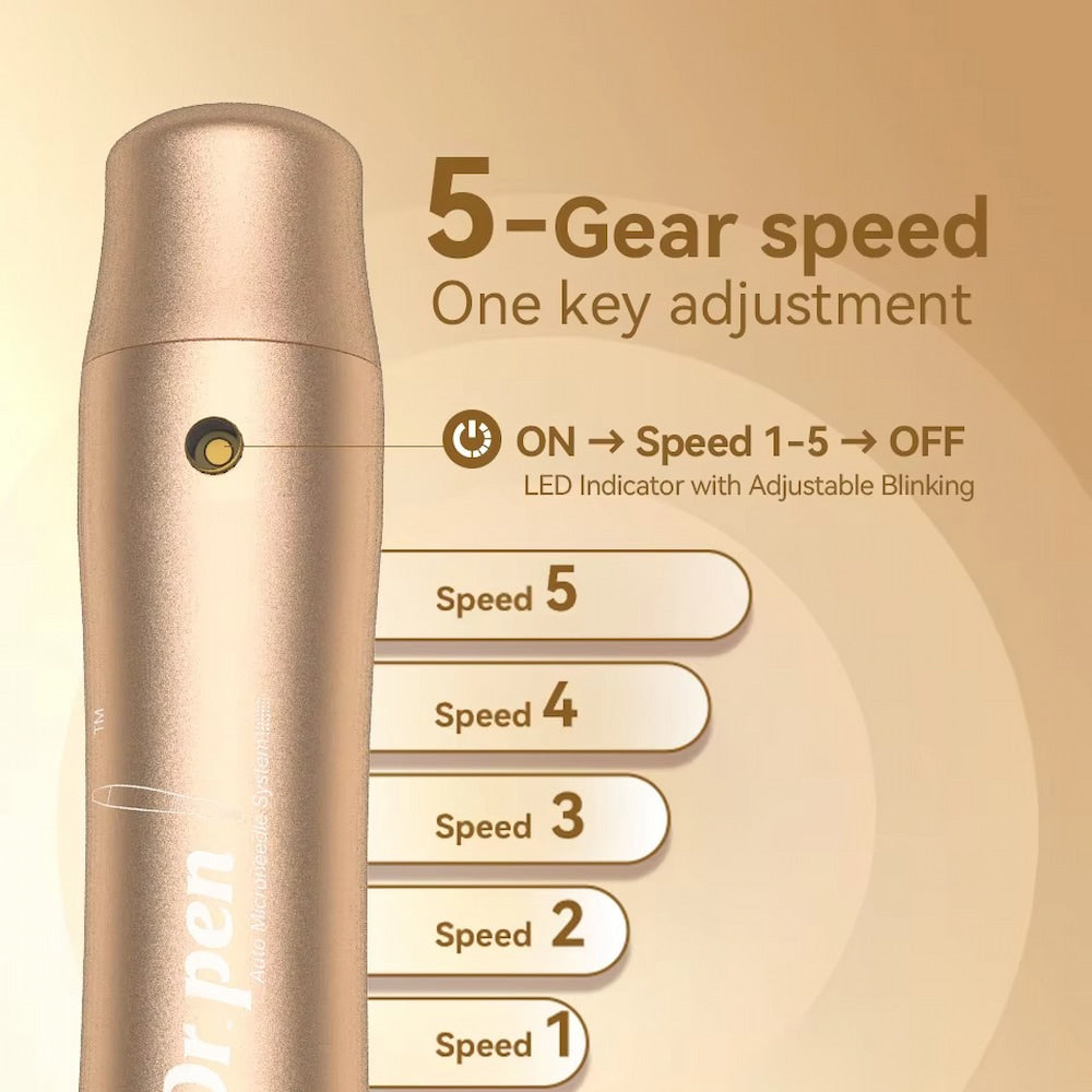 Illustration de Dr Pen M5 en or montrant un réglage de vitesse en 5 étapes avec un bouton, ainsi qu'un indicateur LED clignotant différemment selon le niveau de vitesse de 1 à 5.