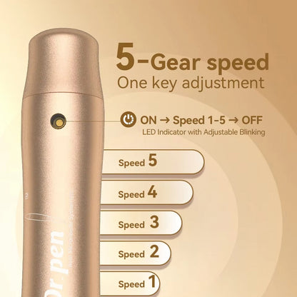 Illustration de Dr Pen M5 en or montrant un réglage de vitesse en 5 étapes avec un bouton, ainsi qu'un indicateur LED clignotant différemment selon le niveau de vitesse de 1 à 5.