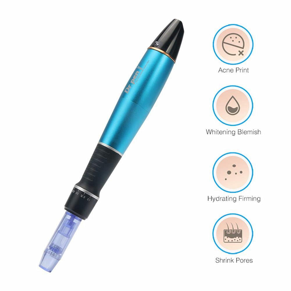 Dr. Pen A1 stylo microneedling bleu montrant des effets de traitement tels que réduction des cicatrices d'acné, teint de peau plus lumineux, hydratation accrue et pores réduits.