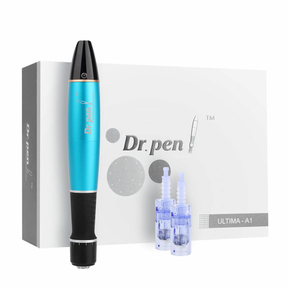 Dr. Pen Ultima A1 stylo microneedling bleu avec deux têtes d'aiguille stériles et emballage d'origine – kit professionnel de microneedling pour rajeunissement de la peau.