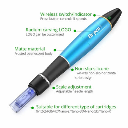 Dr. Pen A1 stylo microneedling bleu avec cinq vitesses, poignée en silicone antidérapante, longueur d'aiguille réglable et compatibilité avec plusieurs cartouches d'aiguille.