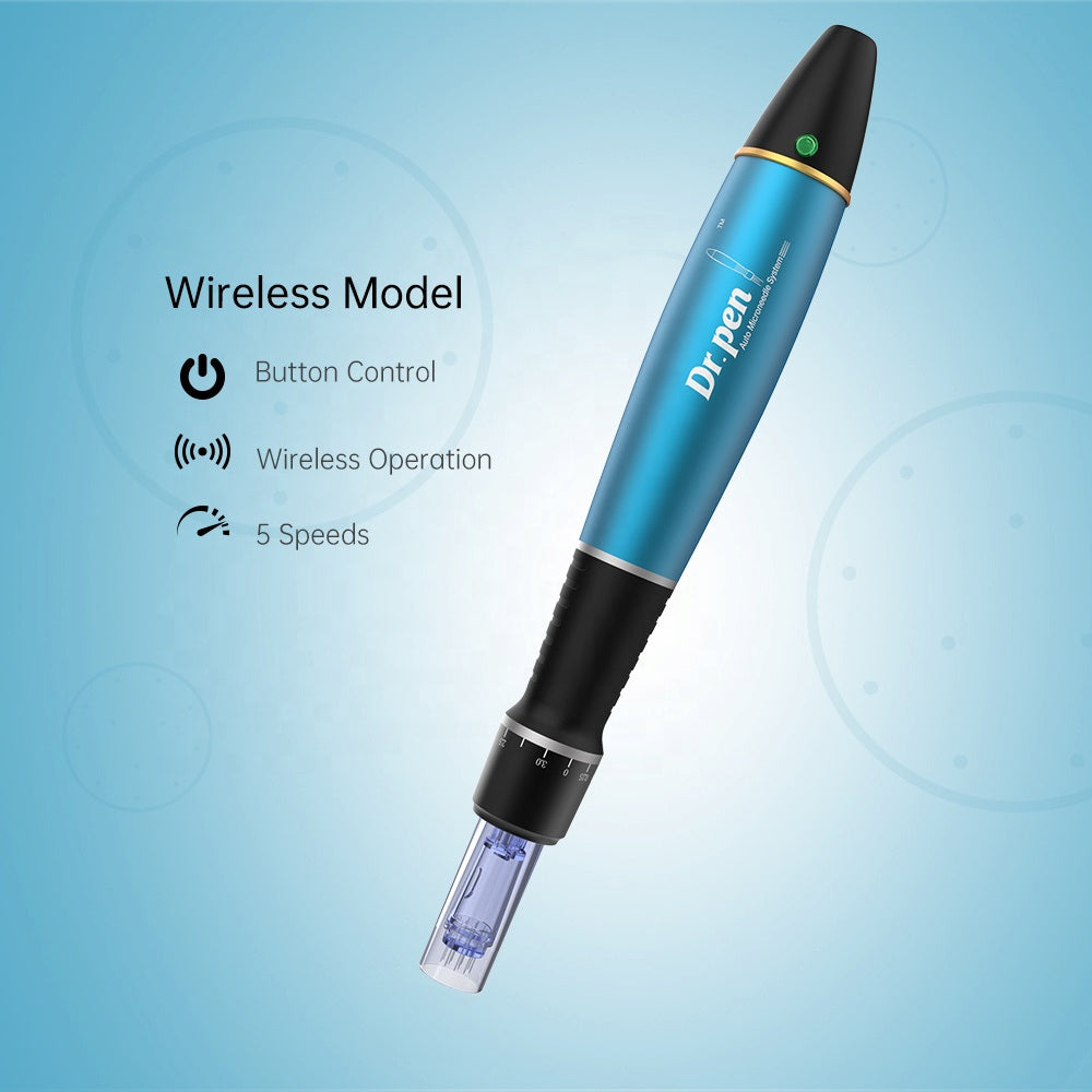 Dr. Pen A1 stylo microneedling sans fil avec commande par bouton, fonctionnement sans fil et cinq vitesses réglables pour traitement professionnel de la peau.
