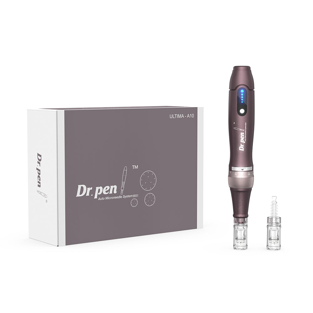 Dr. Pen A10 microneedling stylo violet avec têtes d'aiguille et emballage d'origine, kit complet pour un traitement de la peau professionnel.