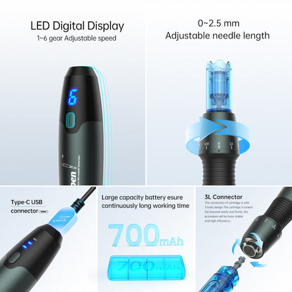 Dr. Pen A20 microneedling-stylo avec affichage LED, profondeur d'aiguille réglable 0-2,5 mm, chargement Type-C, batterie 700 mAh et connecteur 3L stable pour un traitement plus sûr.