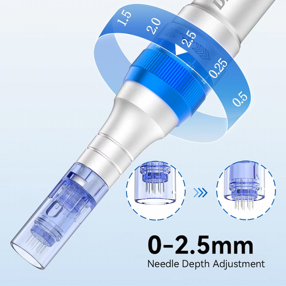 Dr. Pen A6 avec cartouche d'aiguille bleue montrant une profondeur d'aiguille réglable de 0 à 2,5 mm pour un microneedling personnalisé.