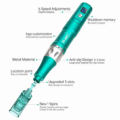 Image d'aperçu de Dr. Pen A6S montrant six niveaux de vitesse, corps en métal, design antidérapant, fonction mémoire à l'arrêt, personnalisation du logo, connexion à 3 pistes améliorée et nouvelle tête à 16 aiguilles.