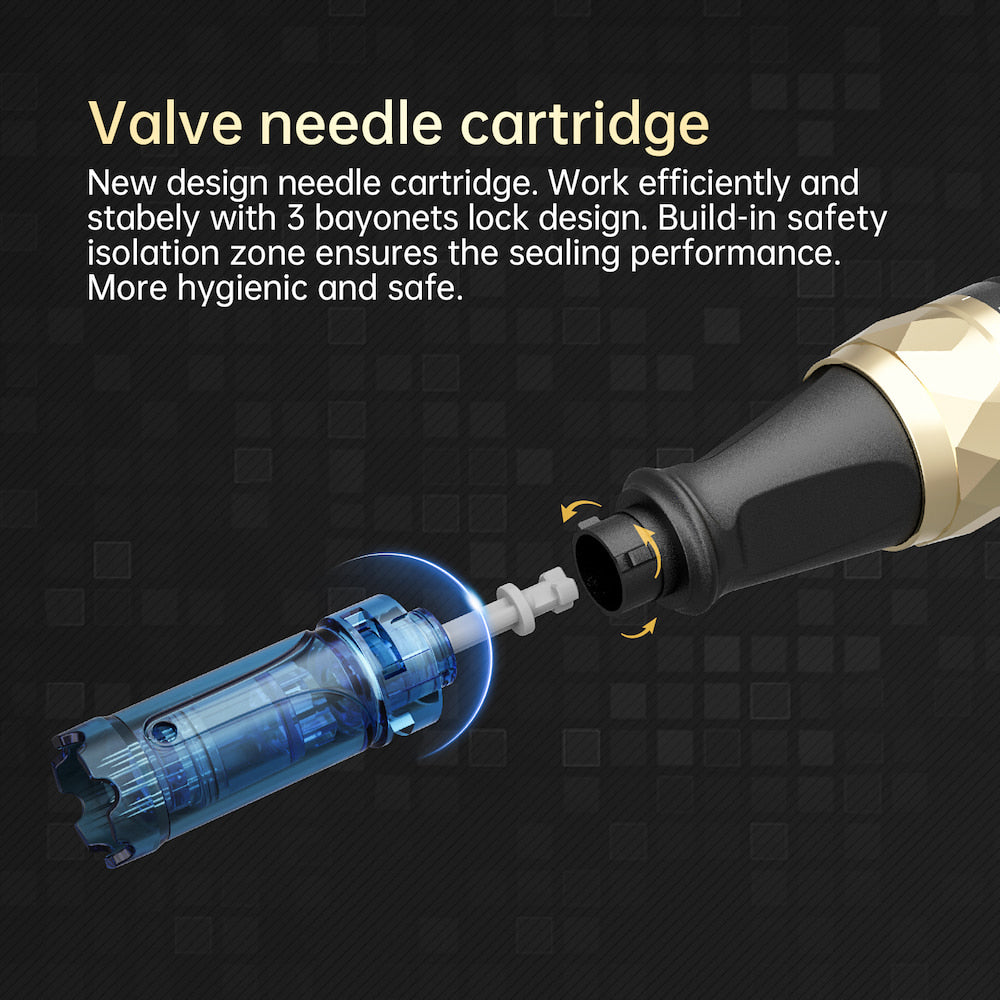 Dr. Pen A8S cartouche d'aiguille avec design de valve et triple verrouillage qui montre un montage sûr et une utilisation hygiénique lors du microneedling.