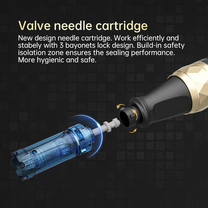 Dr. Pen A8S cartouche d'aiguille avec design de valve et triple verrouillage qui montre un montage sûr et une utilisation hygiénique lors du microneedling.