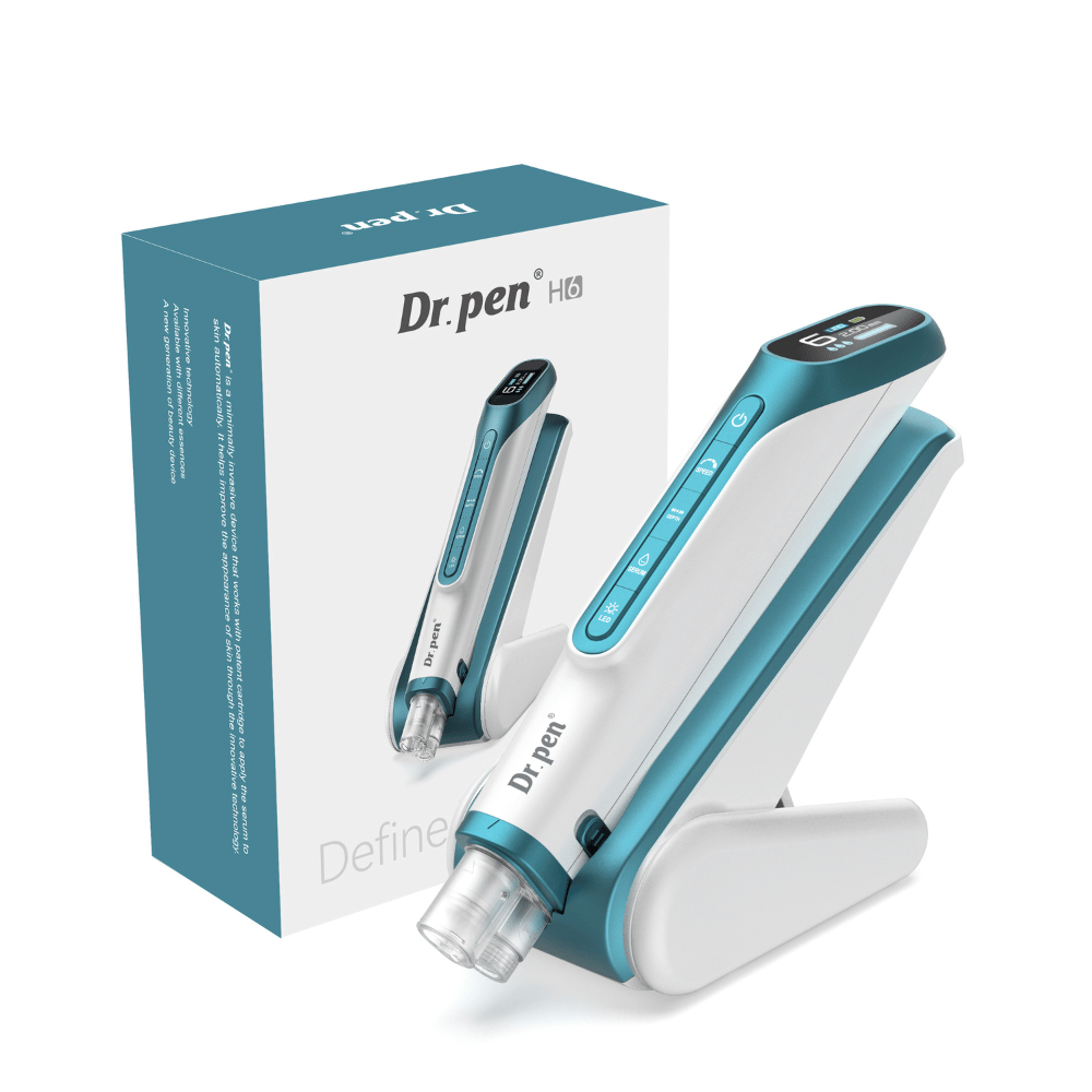 Dr. Pen H6 stylo de microneedling avec écran numérique, support associé et emballage d’origine.