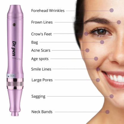 Dr. Pen M7 microneedling-stylo montrant les zones faciales courantes pour le traitement, y compris les rides du front, les lignes entre les sourcils, les pattes d'oie, les poches sous les yeux, les cicatrices d'acné, les taches pigmentaires, les lignes nasolabiales, les pores dilatés, le relâchement cutané et les lignes du cou.