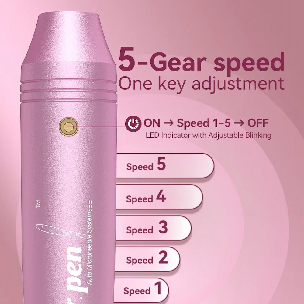 Dr. Pen M7 microneedling-stylo rose avec cinq vitesses réglables et indicateur LED pour un contrôle facile de la vitesse pendant le traitement de la peau.