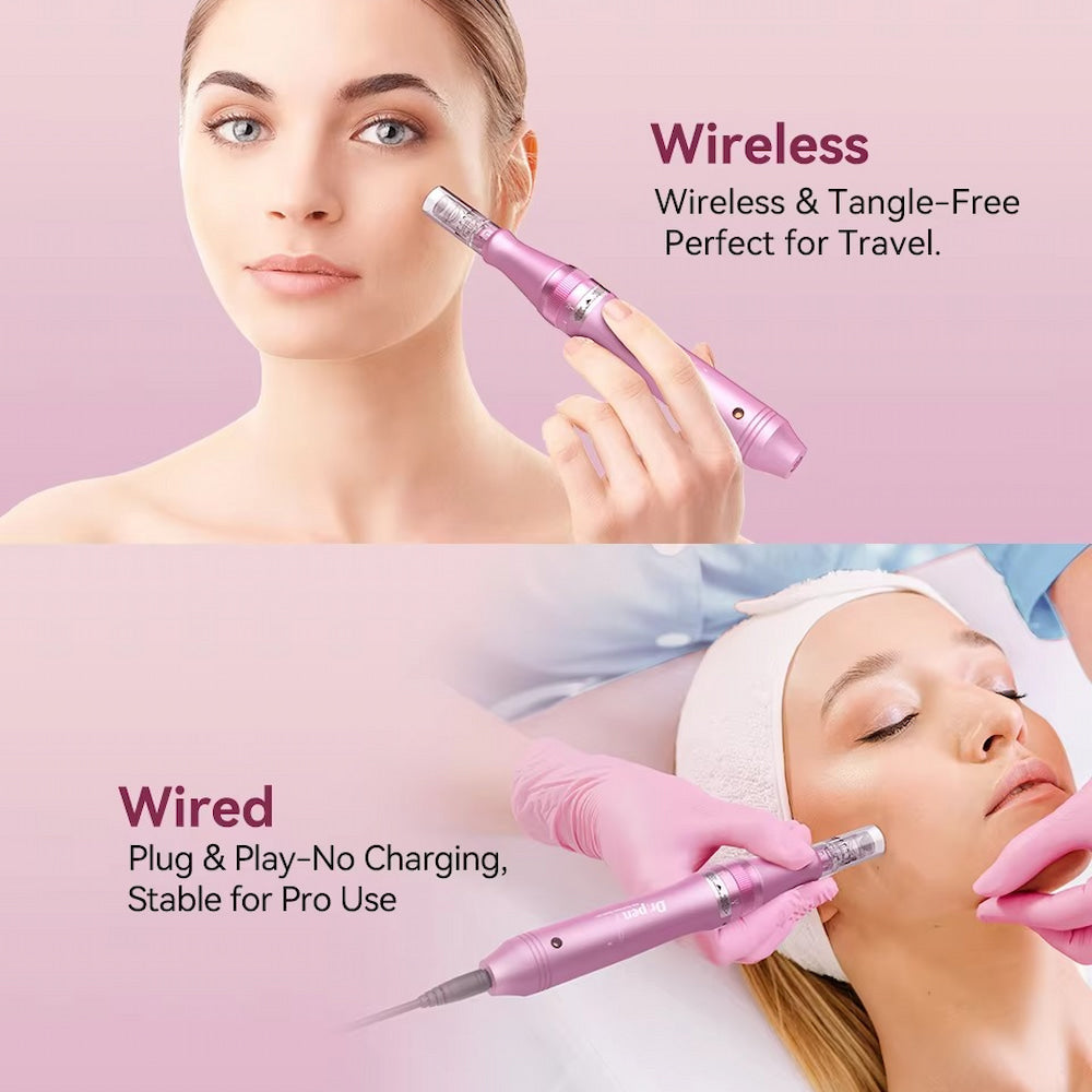 Une femme utilise un stylo Dr. Pen M7 microneedling rose sans fil sur la peau. Le texte décrit qu'il est sans fil, sans enchevêtrement et parfait pour les voyages. En bas de l'image : un praticien effectue un soin du visage sur un client avec la version filaire du même stylo, offrant un fonctionnement stable sans besoin de recharge.