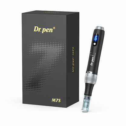 Dr. Pen M7S microneedling-stylo avec emballage luxueux noir élégant, affichage LED et cartouche d'aiguille pour traitement professionnel de la peau.