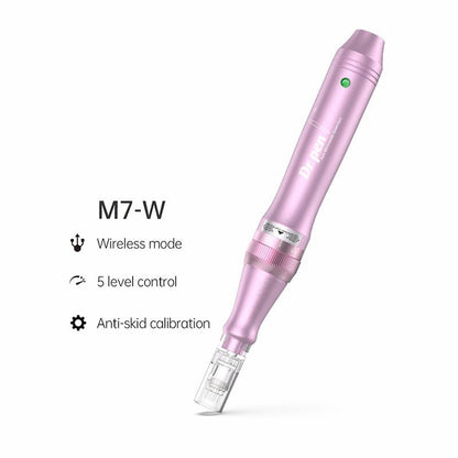 Dr. Pen M7-W stylo microneedling sans fil rose avec cinq niveaux de vitesse et calibration anti-glissement pour un traitement professionnel de la peau.