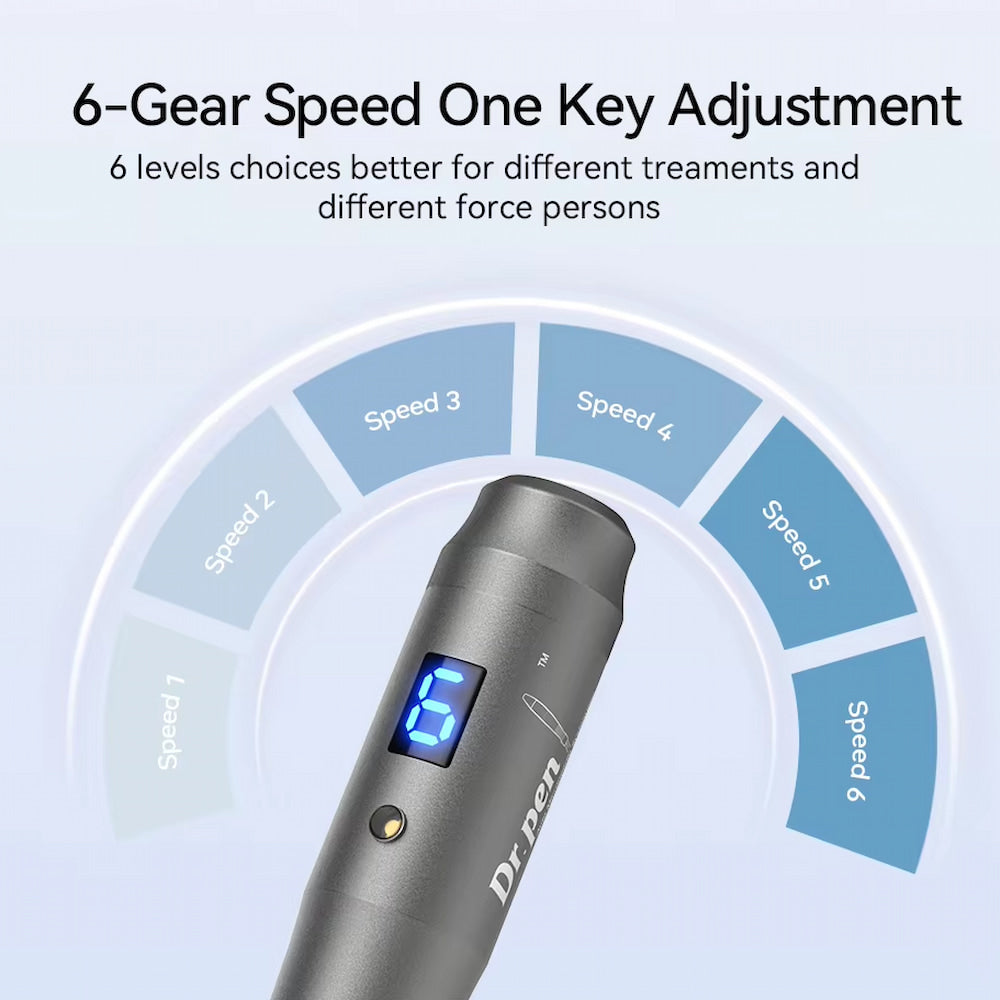 Dr. Pen M8 microneedling-stylo montrant six niveaux de vitesse et ajustement numérique par simple pression d'un bouton.