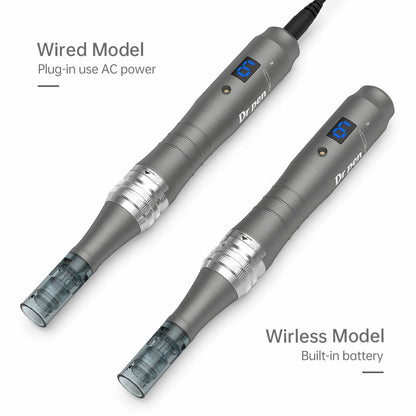 Comparaison entre le modèle filaire Dr. Pen M8 avec câble et le modèle sans fil avec batterie intégrée, les deux avec tête d'aiguille montée.