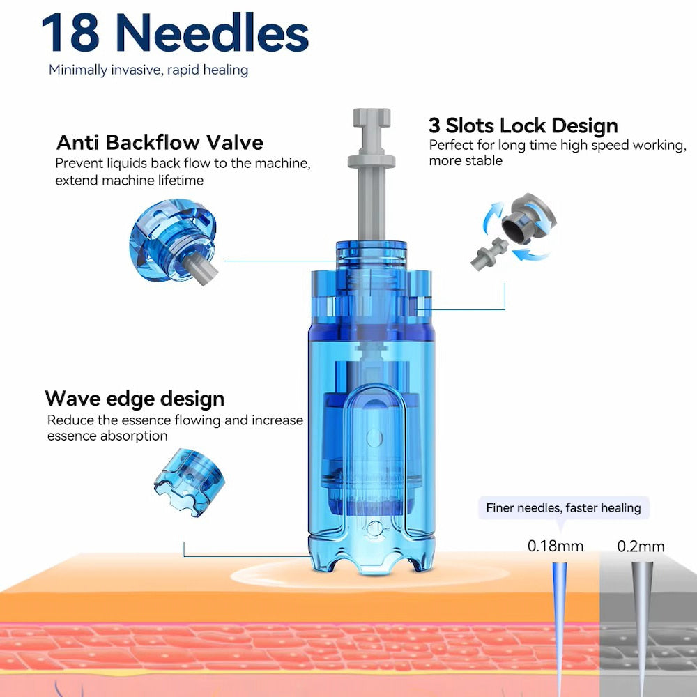 Dr. Pen M8S cartouche d'aiguille à 18 aiguilles avec valve anti-retour, design de verrouillage à 3 fentes et bord ondulé pour une meilleure absorption du sérum et une guérison plus rapide.