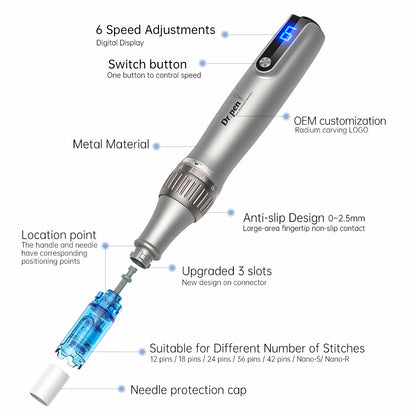 Dr. Pen microneedling-stylo avec affichage de vitesse numérique, module d'aiguille, design antidérapant et profondeur d'aiguille réglable jusqu'à 2,5 mm.