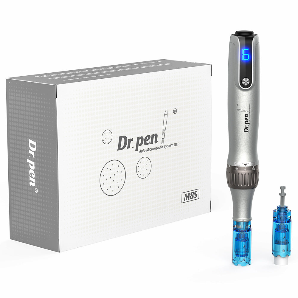 Dr. Pen M8S microneedling-stylo avec affichage LED, cartouches d'aiguille remplaçables et emballage complet – kit professionnel pour traitement avancé de la peau.