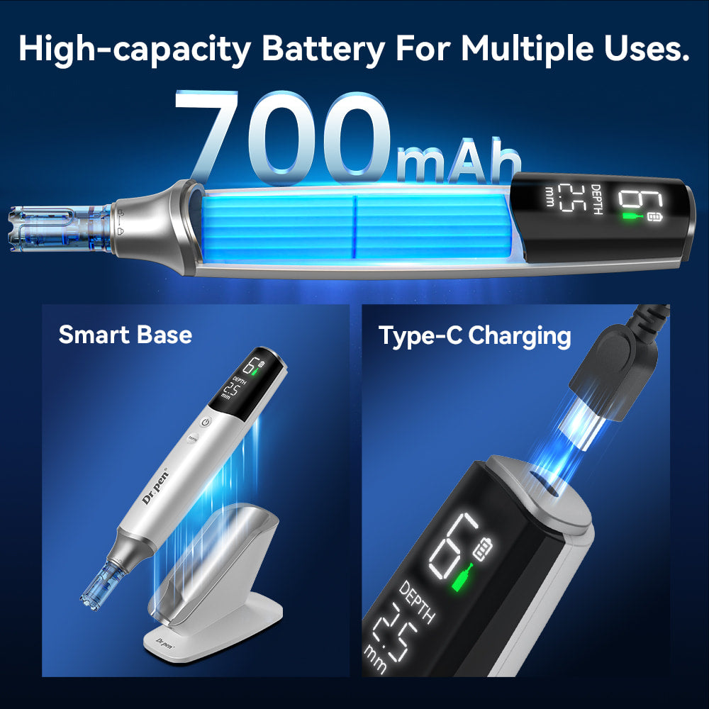Dr. Pen M9 avec puissante batterie de 700 mAh, chargement USB-C et support de charge intelligent pour une microneedling sans fil et une longue autonomie d’utilisation.