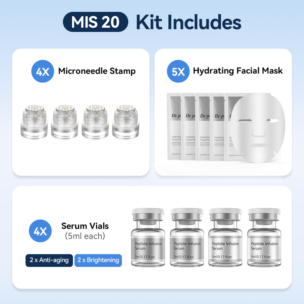 Dr. Pen MIS20 Kit de micro-infusion avec quatre microneedle stamps, cinq masques hydratants pour le visage et quatre flacons de sérum de 5 ml – deux sérums anti-âge et deux sérums pour une peau plus uniforme et plus éclatante.