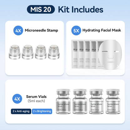 Dr. Pen MIS20 Kit de micro-infusion avec quatre microneedle stamps, cinq masques hydratants pour le visage et quatre flacons de sérum de 5 ml – deux sérums anti-âge et deux sérums pour une peau plus uniforme et plus éclatante.