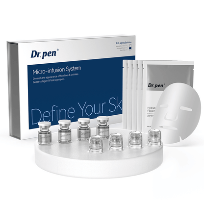 Dr. Pen MIS20 Micro-Infusion System kit de soin complet avec peptide infusion serum, applicateurs de micro-infusion et masques hydratants pour le visage pour le traitement des ridules, du teint irrégulier et du teint terne.